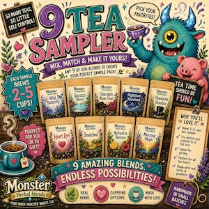 ¡Set de muestra de té Monster Herbal Blends! ¡9 tés diferentes y totalmente únicos!