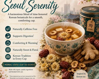 May include: A ceramic bowl filled with herbal tea containing dried flowers, jujubes, and ginger pieces. Beside the bowl are fresh ginger, cinnamon sticks, and dried chrysanthemums. A teal tea tin with a tag labeled "차 (CHA)" sits nearby.