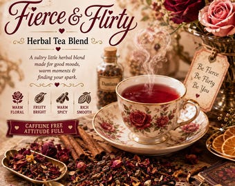 May include: A floral-patterned teacup and saucer filled with red herbal tea, surrounded by loose tea leaves, cinnamon sticks, a small bottle labeled Damiana, and dried rose petals. Text reads Monster Fierce & Flirty Herbal Tea Blend, Caffeine Free Attitude Full, and Be Fierce Be Flirty Be You.