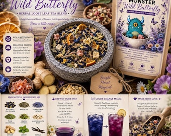 May include: A Monster Wild Butterfly herbal loose leaf tea blend featuring a stone mortar filled with dried flowers, fruit, and herbs. The packaging displays a blue monster illustration, ingredient lists, brewing instructions, and color-changing tea.