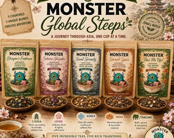 May include: The Monster Global Steeps collection features five distinct tea pouches labeled Dragon's Embrace, Sakura Shizuka, Seoul Serenity, Sacred Spice, and Thai Me Up. Each pouch displays a monster illustration and loose leaf tea in bowls.