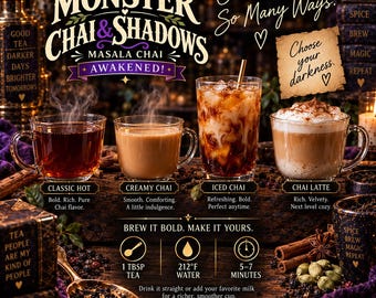 May include: A promotional display for Monster Chai & Shadows Masala Chai featuring four glass mugs of tea: classic hot, creamy, iced, and a latte. Text includes brewing instructions for 1 tbsp tea, 212°F water, and 5-7 minutes of steeping time.