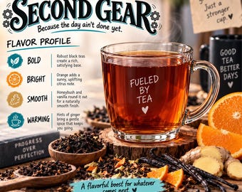 May include: A clear glass mug filled with amber tea, labeled "FUELED BY TEA" with a heart. The image features text "MONSTER HERBAL BLENDS SECOND GEAR," flavor profile details, and ingredients including loose tea leaves, orange slices, ginger, and vanilla.