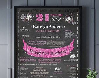 21st Birthday Gift for Girls, 21st Birthday Poster, 21st Chalkboard Signs, Born in 2003 Digital or Printed