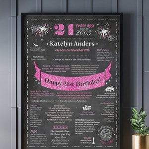 21st Birthday Gift for Girls, 21st Birthday Poster, 21st Chalkboard Signs, Born in 2003 Digital or Printed zdjęcie 1