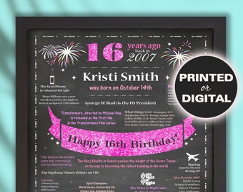 16th Birthday Gift Girl, 16th Birthday Poster, Sweet 16 Gifts for Girls, 16th Birthday Sign, Born in 2007 Pink