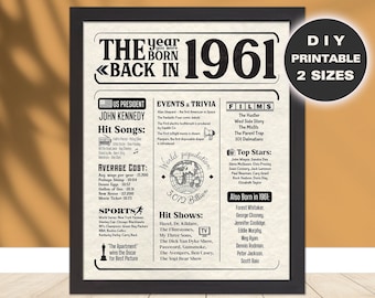 Back in 1961, INSTANT Download Born in 1961 Newspaper Poster,60 Birthday Poster,Printable Sign,1961 Birthday,The Year You were Born