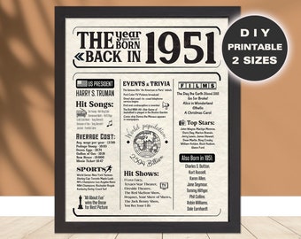 The Year You Were Born Back in 1951, INSTANT Download Newspaper Poster,70 Birthday Sign Printable, 1951 Birthday Last Minute Gift DIY