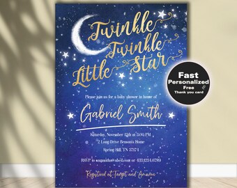 Twinkle Twinkle Little Star Baby Shower Invitation, Gender Neutral Baby Shower Invite, Blue and Gold, Moon and stars baby party printable