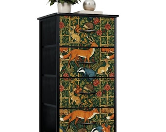 4-Drawer Dresser: Woodland Animals William Morris Inspired Fabric Storage Unit, Bedroom Cabinet, Nursery Wardrobe