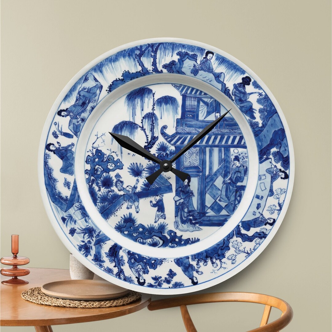 Clock Sencery Chinoiserie Scenery Acrylic Wall Clock, Blue & White Chinese Plate ...