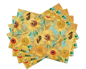 Van Gogh Sunflowers Double Layer Linen Blend Placemats, Happy Yellow Sunflower Placemats, Christmas Gift, Restaurant Table Placemats