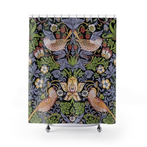 William Morris Shower Curtain, Strawberry Thieves, Art Nouveau, Home Bathroom Interior Decoration, Housewarming Gift, Wet Room Decor