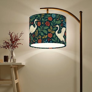Country Floral Cranes Lamp Shade, William Morris Style Animal Floor Lamp (Made in USA), Country Lighting Decoration, Housewarming Gift