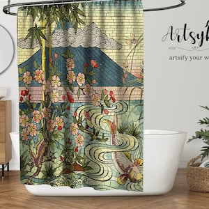 Japan Mt Fuji Koi Fish Shower Curtain Japanese Cherry Blossom Stained Glass Shower Curtain Asian Art Bathroom Decoration Housewarming Gift