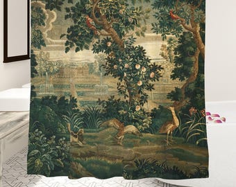 French 17th Century Countryside Scenery Shower Curtain, Verdure Chateau and Garden, Housewarming Gift, Bathroom Decoration