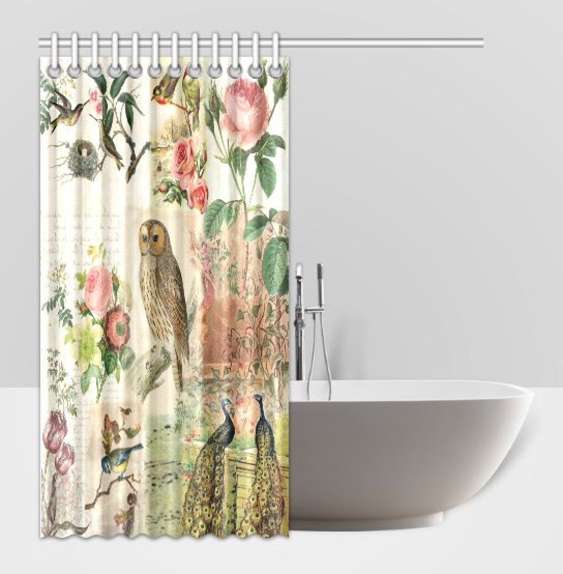 Shabby Chic Shower Curtain Vintage Botanical Birds and Owl Etsy