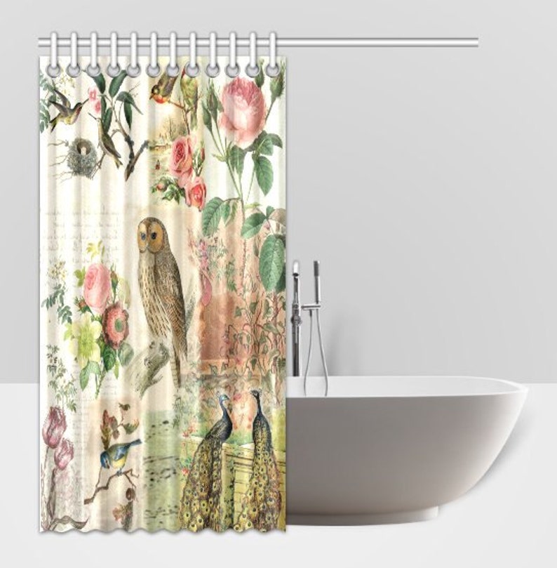 Shabby Chic Shower Curtain Vintage Botanical Birds and Owl Etsy