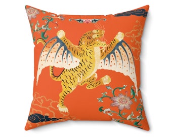 Tibetan Tiger Flying Faux Suede Square Pillow Asian Interior Decoration Housewarming Gift for New Home Gift for Mom