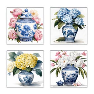 Blue White Ginger Jar Ceramic Coaster Set, Chinoiserie Hydrangea Peonies Floral Bouquet, Gift for Mom, Hostess Gift, Thank you Gift