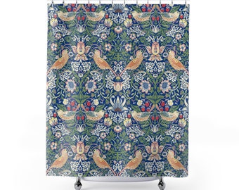 William Morris Shower Curtain Strawberry Thief Original Royal Blue English Country Home Decor Shower Curtain, Housewarming Gift