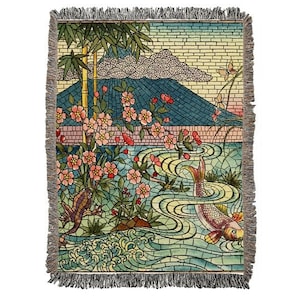 Japanese Stained Glass Scenery Mount Fuji Koi Fish Cotton Woven Throw Blanket Rug, Bed Cover, Bed Spread, Home Deco Gift