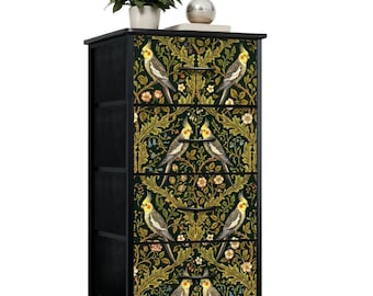 William Morris Style 4-Drawer Dresser, Country Core Acanthus Cockatiel Portable Storage Unit, Gardener Bird Lover Gift (Made in USA)