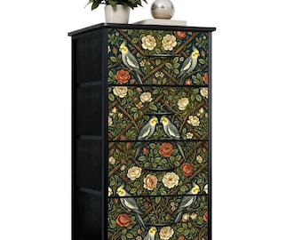 4-Drawer Dresser: William Morris Inspired Trellis Roses and Cockatiels, Portable Fabric Storage Unit