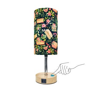 Bedside Table Lamp with USB, Floral and Books, Gift for Book Lover