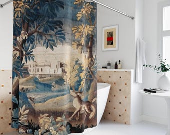 Flemish Verdure Shower Curtain Fox and Rooster Vintage Bath Decor, Garden Shed Curtain Divider Mancave Curtain Gift for Him