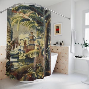 French Verdure Chinoiserie Shower Curtain Asian Pagoda Goose Vintage Decor Botanical Palm Home Spa Curtain, Boho Decor