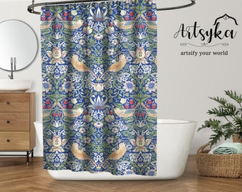 William Morris Strawberry Thief Shower Curtain Birds Blue Brown Wetroom Decoration, Housewarming Gift, New Home Gift, Summer Outdoor Curtain