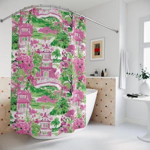 Chinoiserie Shower Curtains, Pink Green Pagoda Bridges, Oriental Asian Bathroom Decor, Spa Ambiance Curtain