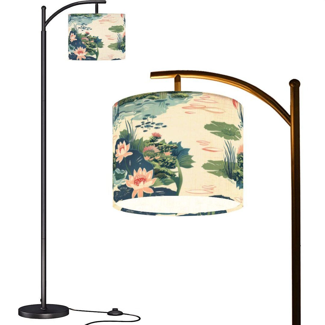 Asian Accent Water Lilies Arc Floor Lamp, Floral Drum Lamp Shade - Etsy