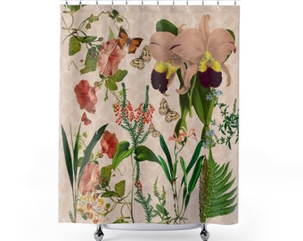 Shower Curtain Pink Botanical Purple Orchards, Bell Flowers, Ferns, Butterfly, Floral Shower Curtain, Gift for Mom, New House Gift