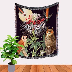 Botanical Floral Owls and Hummingbirds Cotton Woven Throw Blanket Rug, Bed Cover, Bed Spread, Picnic Blanket, Home Decoration