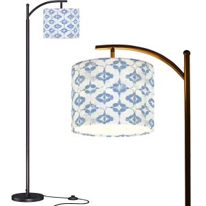 Blue Pattern Arc Floor Lamp (Made in USA), Drum Lamp Shade, Occasion Gift