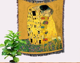 The Kiss Gustav Klimt Cotton Woven Throw Blanket Rug, Bed Cover, Bed Spread, Picnic Blanket, Home Decoration