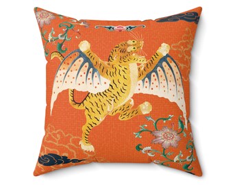 Tibetan Tiger Flying Faux Suede Square Pillow Asian Interior Decoration Housewarming Gift for New Home Gift for Mom