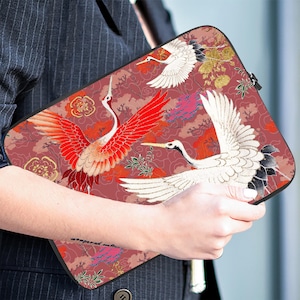 Pink Red Japanese Cranes Laptop Sleeve, Macbook Pro Sleeve 10inch, 12,13 inch, 15 inch, 17 inch, Japan Lover Gift, Office Gift, Gift for Mom