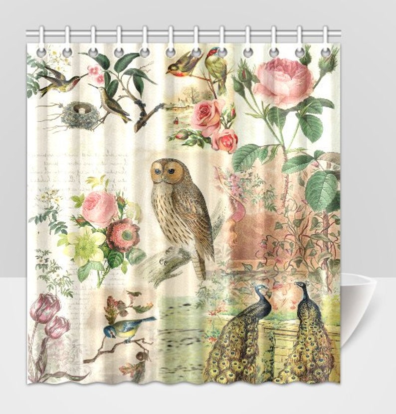 Shabby Chic Shower Curtain Vintage Botanical Birds and Owl Etsy