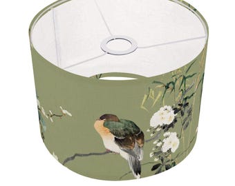 Green Japanese Bird Lamp Shade, Ukiyo-e Bird Nature, Asian Accent Arc Floor Lamp Shade, Housewarming Gift