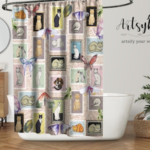 Cats On Stamps Shower Curtain, Illustrated Cats, Shabby Chic Shower Curtain, Cat Lover Gift, Wet Room Decoration