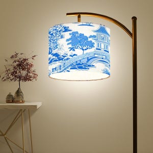 Chinoiserie Blue White Lampshade, Arc Floor Lamp(Made in USA), Asian Accent Lighting, Mother's Day Gift