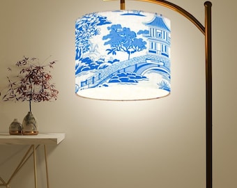 Chinoiserie Blue White Lampshade, Arc Floor Lamp(Made in USA), Asian Accent Lighting, Mother's Day Gift
