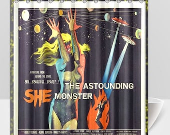 B-grade Sci-fi Movie Poster, Horror Movie, Scary Movie Shower Curtain, The Astounding SHE Monster, Mancave Gift for Him,