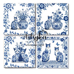 Blue White Cat Coasters Set of 4 Ceramic Chinoiserie Inspired Decorative Coasters, Housewarming Gift, Hostess Party Gift