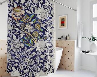 William Morris Shower Curtain Blue White Floral, Vintage Arts and Crafts Floral, Housewarming Gift Country Cottagecore Curtain