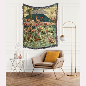 Japanese Stained Glass Scenery Mount Fuji Koi Fish Cotton Woven Throw Blanket Rug, Bed Cover, Bed Spread, Home Deco Gift