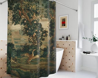 French Verdure Shower Curtain, Cottagecore Bath Curtain, Verdure Chateau and Garden, Housewarming Gift, Guest Bathroom Decor, Gift for Him